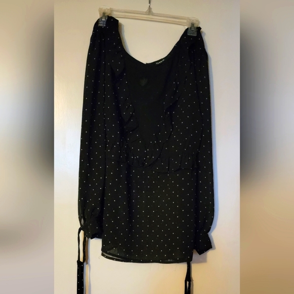 torrid Tops - Torrid Blk White polka-dot sheer ruffle tie blouse, long sleeve, size 2